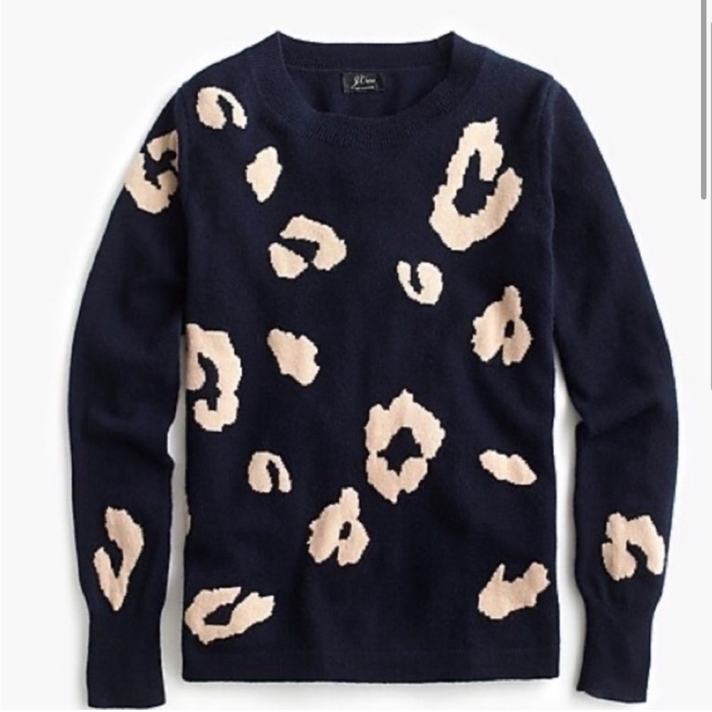 J. Crew Everyday Cashmere Sweater, XS, Navy Tan Leopard Print, 100% Cashmere